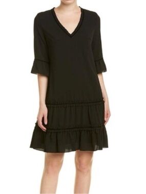 Adrianna Papell Black V-Neck Ruffle Tiered Mini Dress